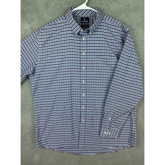 Stafford Shirt Men 18 36-37 Gingham Check Non Iron Fitted Travel Oxford Shirt